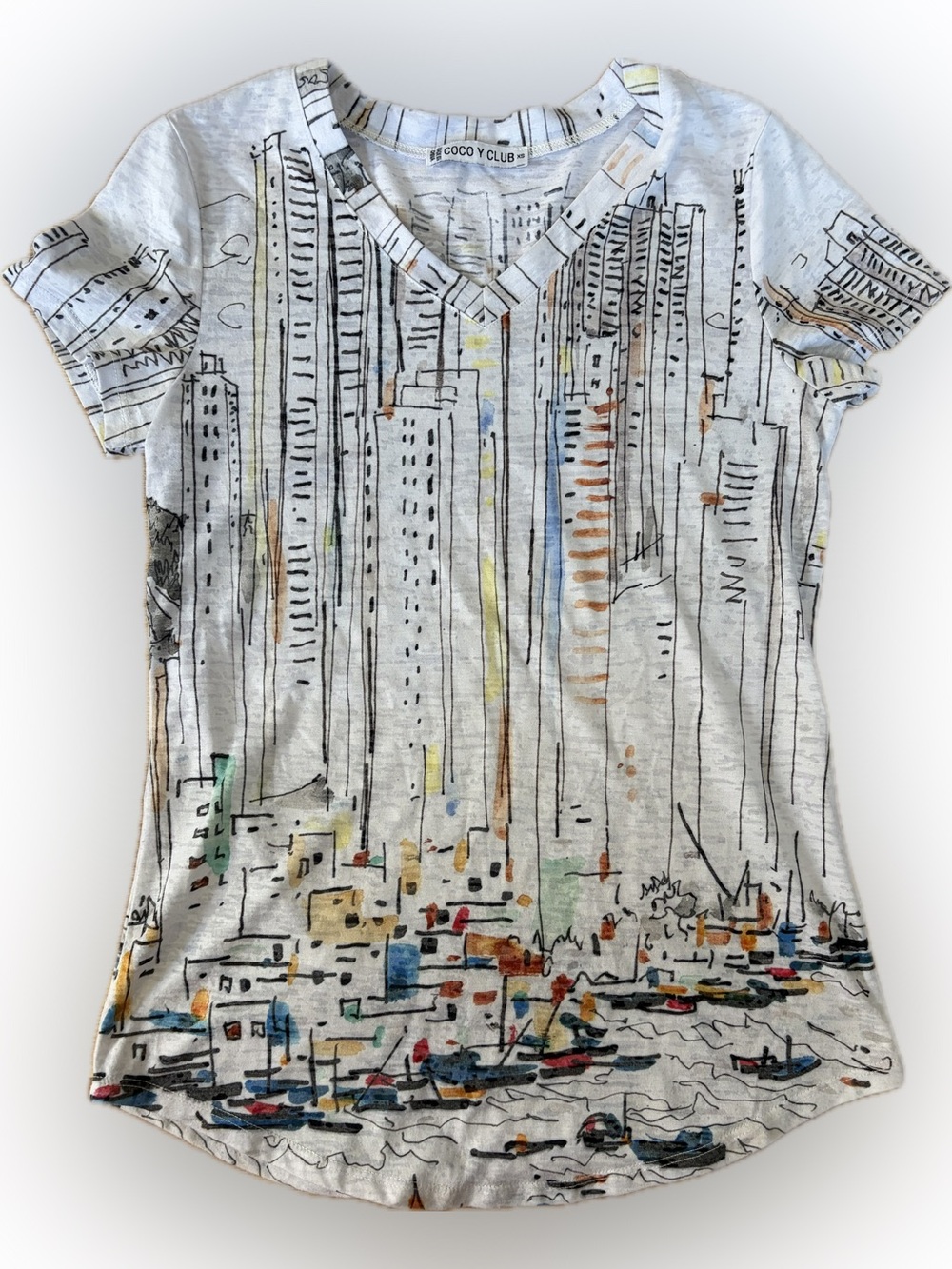 Women's White Short Sleeve Cityscape V-Neck Tee